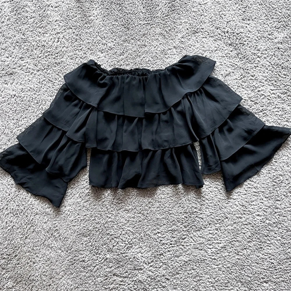 Zara Black Layered Ruffles cropped top/boat neck  size US XS NWOT